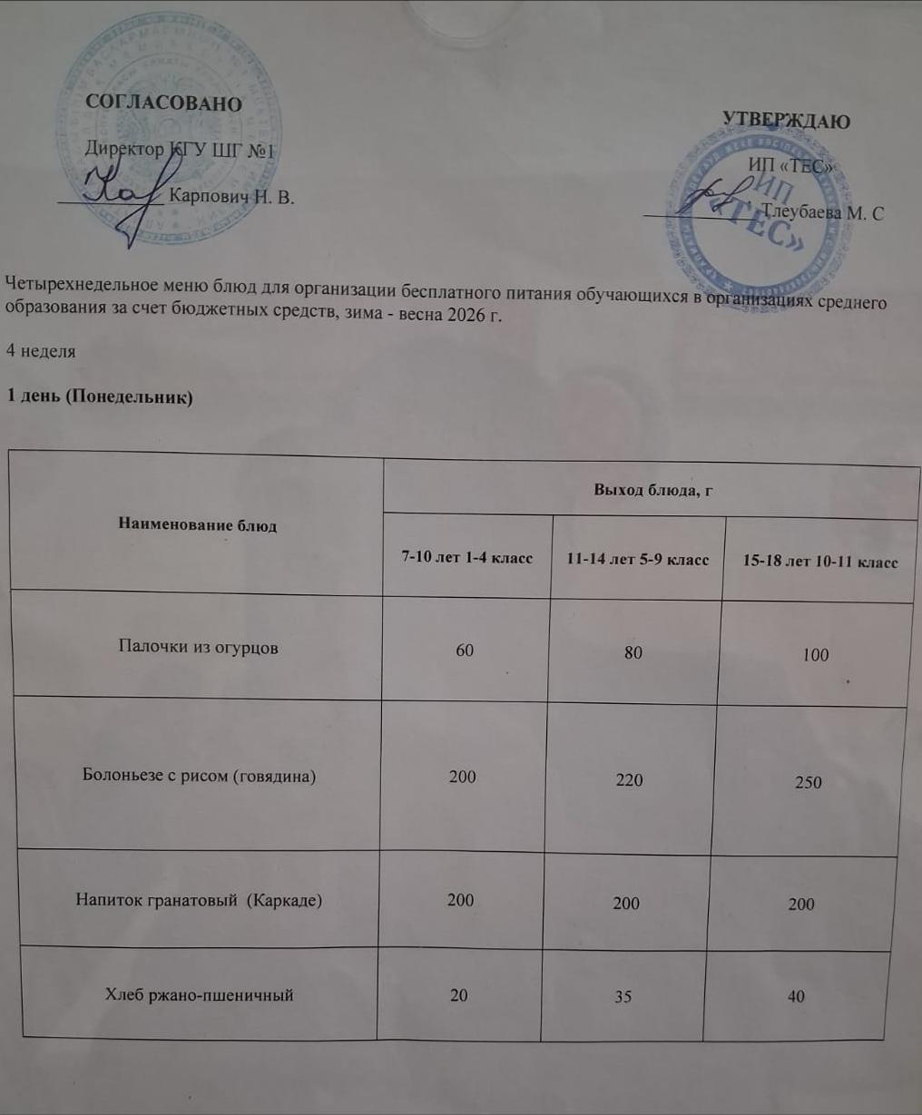 АС МӘЗІРІ 4 АПТА 1 КҮН / МЕНЮ 4 НЕДЕЛЯ 1 ДЕНЬ
