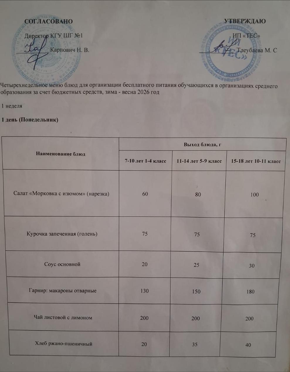 АС МӘЗІРІ 1 АПТА 1 КҮН / МЕНЮ 1 НЕДЕЛЯ 1 ДЕНЬ