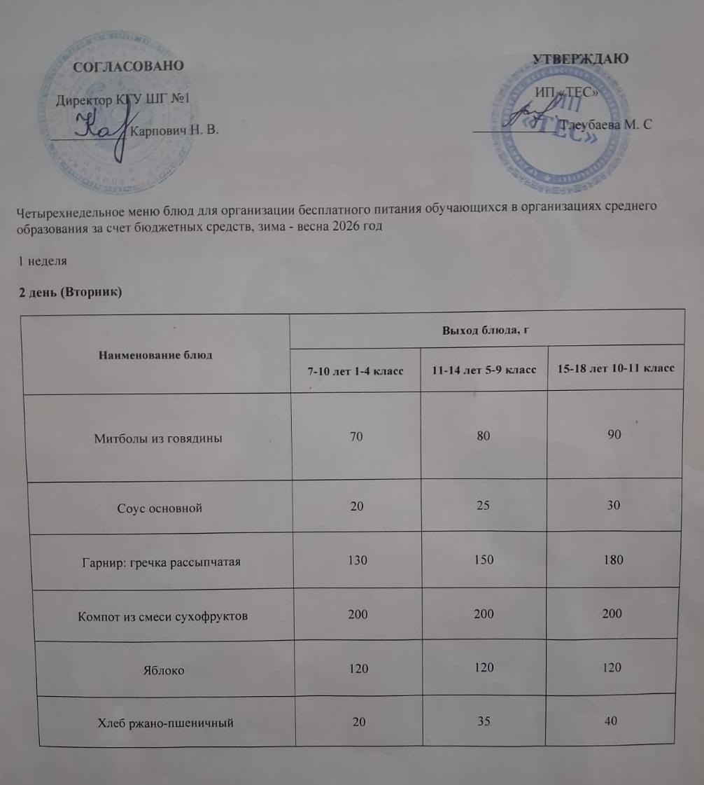 АС МӘЗІРІ 1 АПТА 2 КҮН / МЕНЮ 1 НЕДЕЛЯ 2 ДЕНЬ