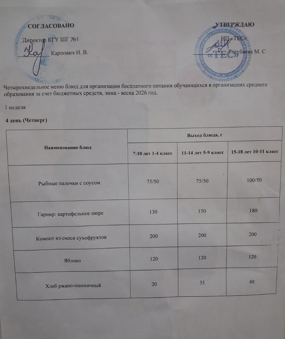 АС МӘЗІРІ 1 АПТА 4 КҮН / МЕНЮ 1 НЕДЕЛЯ 4 ДЕНЬ