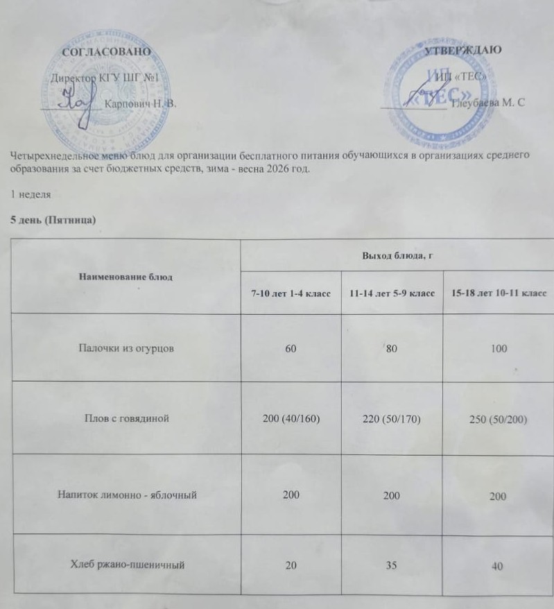 АС МӘЗІРІ 1 АПТА 5 КҮН / МЕНЮ 1 НЕДЕЛЯ 5 ДЕНЬ