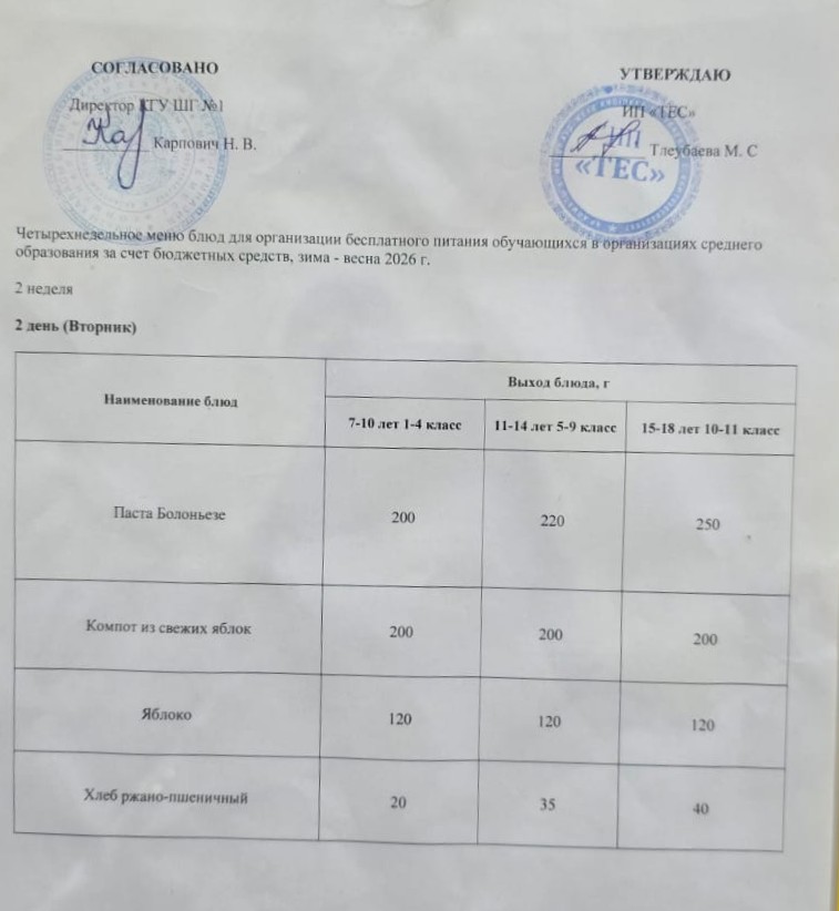 АС МӘЗІРІ 2 АПТА 2 КҮН / МЕНЮ 2 НЕДЕЛЯ 2 ДЕНЬ