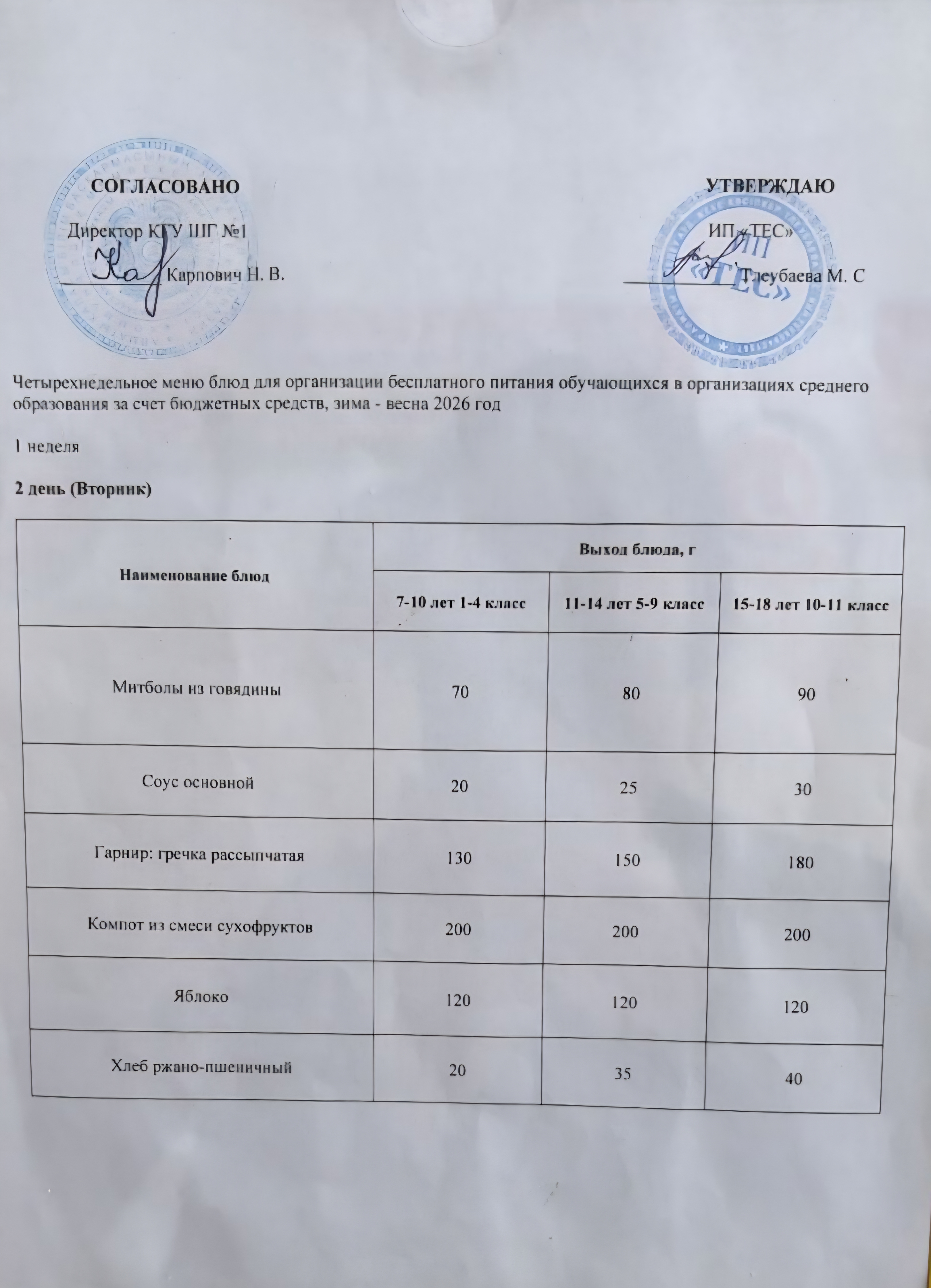 АС МӘЗІРІ 1 АПТА 2 КҮН / МЕНЮ 1 НЕДЕЛЯ 2 ДЕНЬ