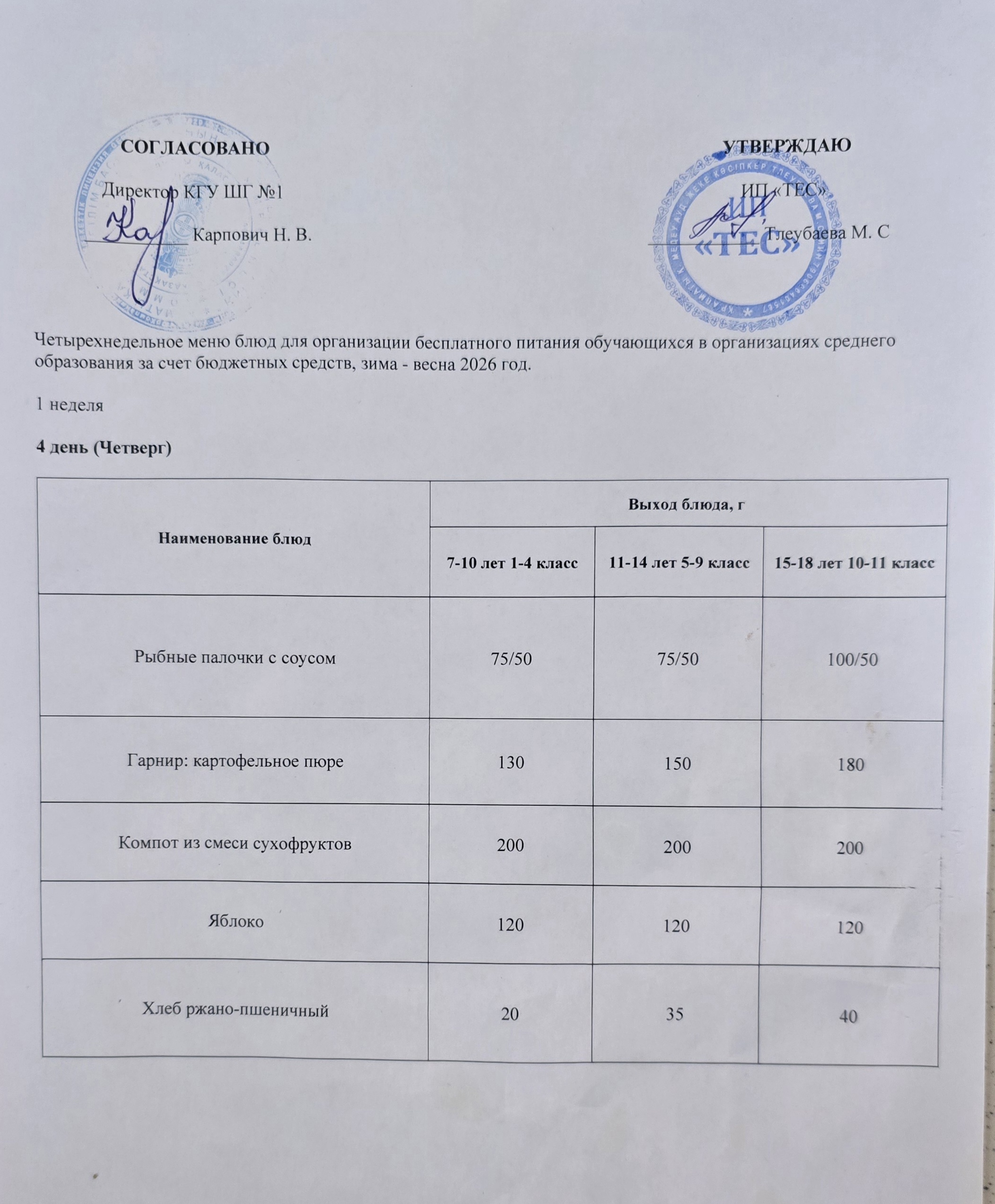 АС МӘЗІРІ 2 АПТА 4 КҮН / МЕНЮ 2 НЕДЕЛЯ 4 ДЕНЬ