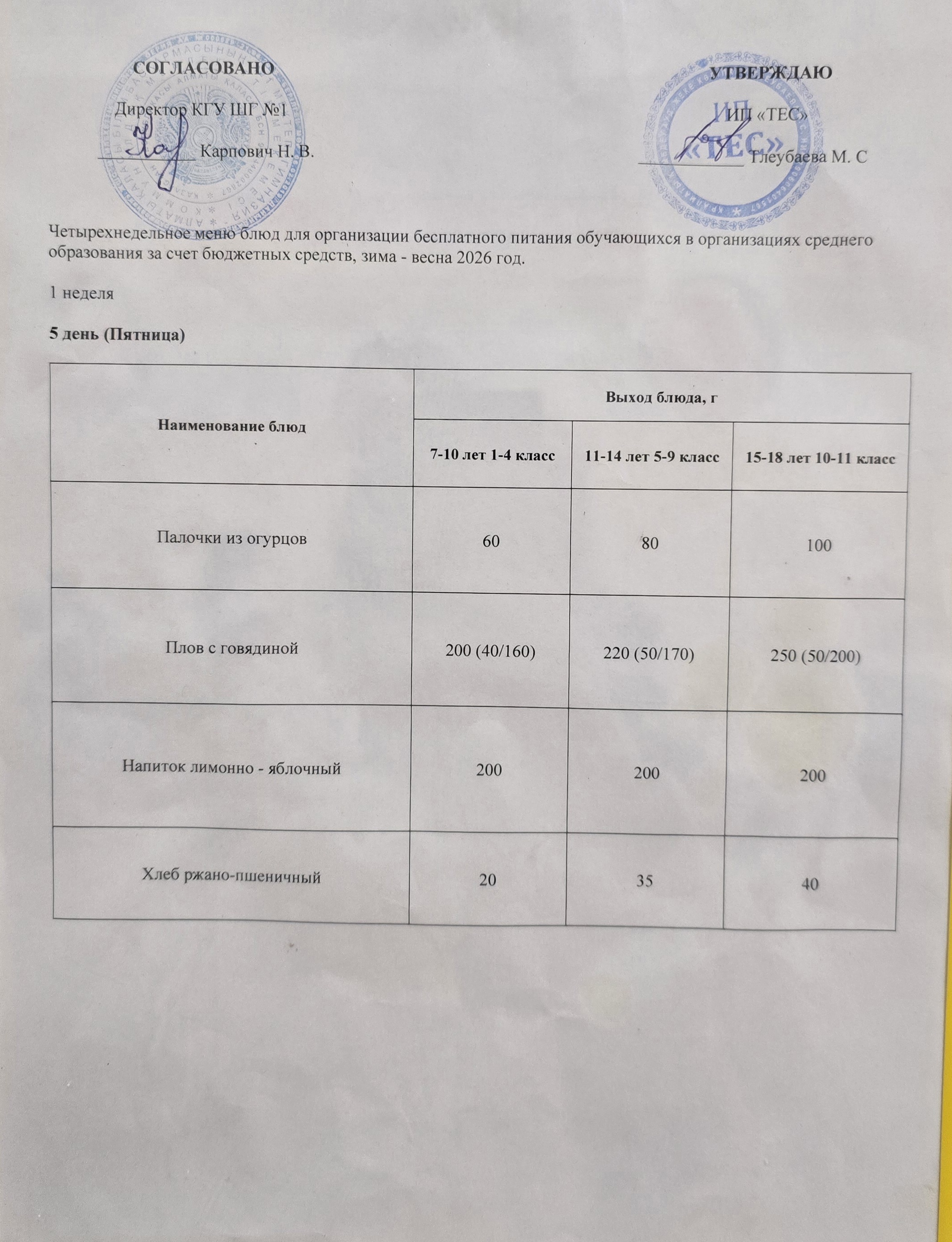 АС МӘЗІРІ 2 АПТА 5 КҮН / МЕНЮ 2 НЕДЕЛЯ 5 ДЕНЬ