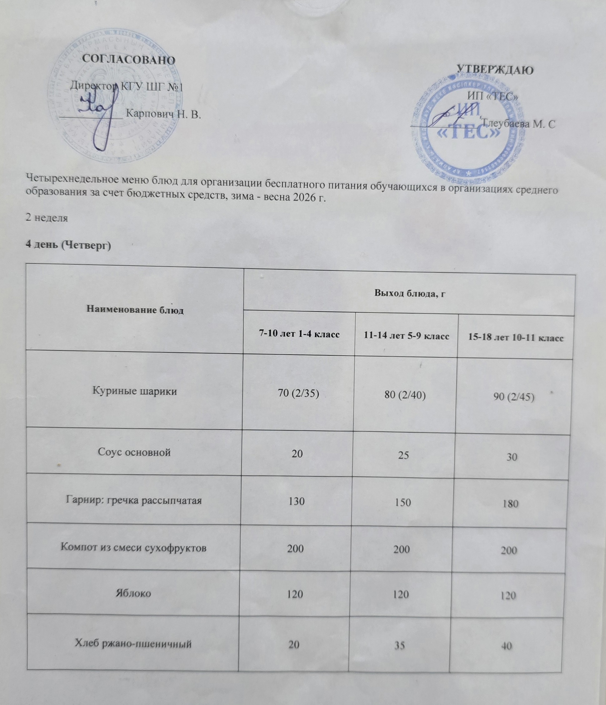 АС МӘЗІРІ 2 АПТА 4 КҮН / МЕНЮ 2 НЕДЕЛЯ 4 ДЕНЬ