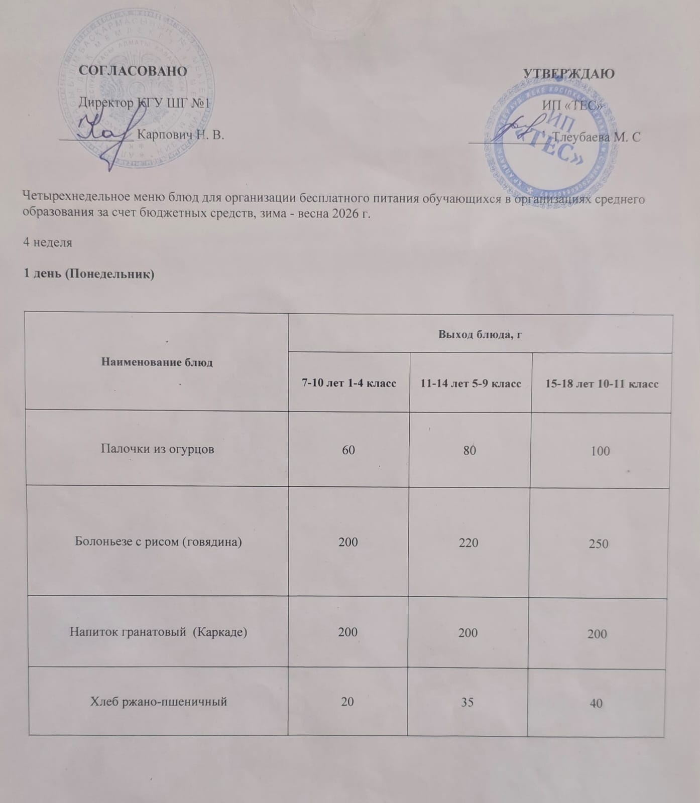 АС МӘЗІРІ 4 АПТА 1 КҮН / МЕНЮ 4 НЕДЕЛЯ 1 ДЕНЬ