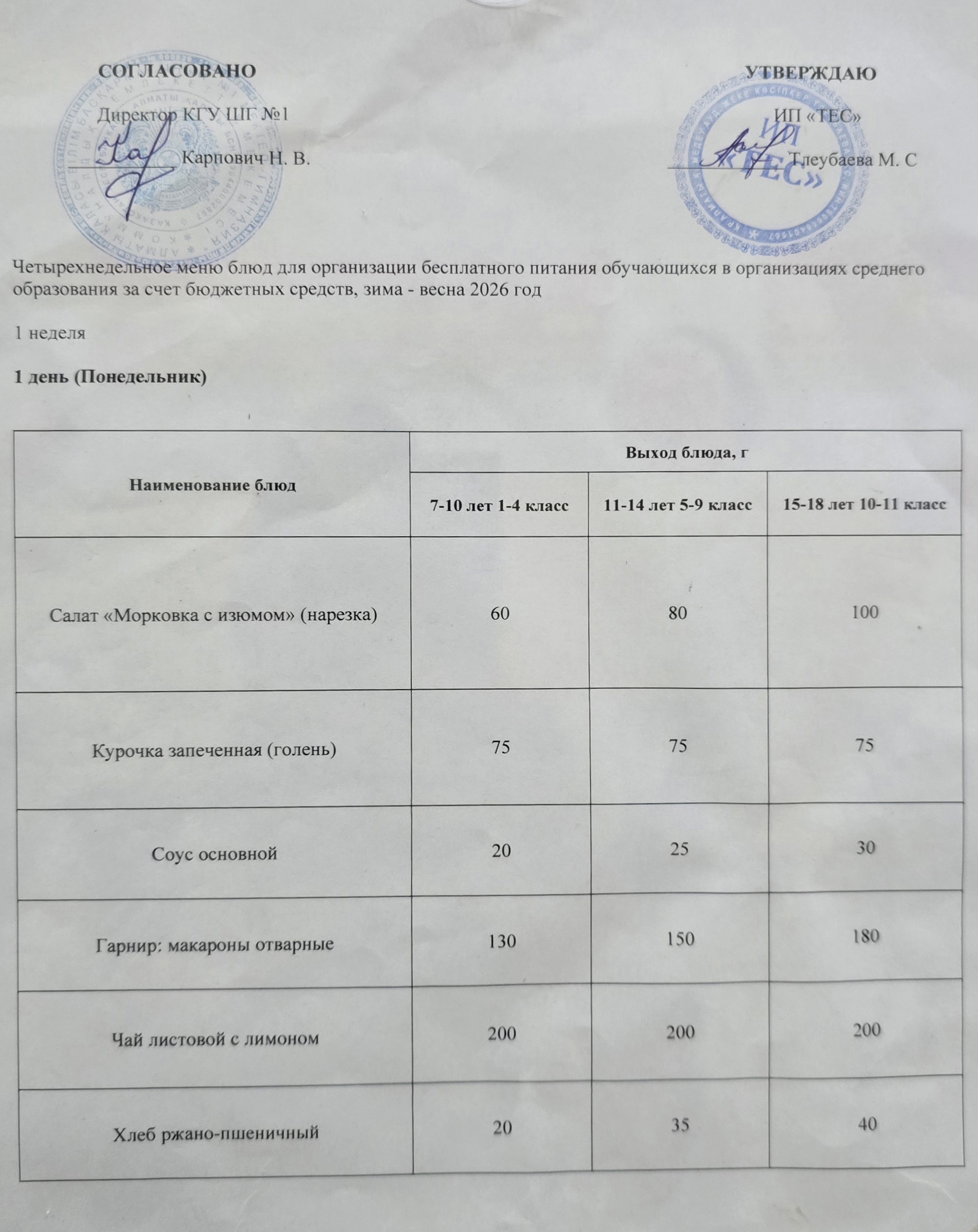 АС МӘЗІРІ 1 АПТА 1 КҮН / МЕНЮ 1 НЕДЕЛЯ 1 ДЕНЬ