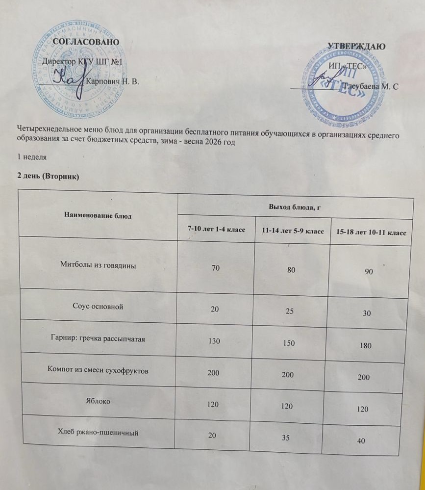 АС МӘЗІРІ 1 АПТА 2 КҮН / МЕНЮ 1 НЕДЕЛЯ 2 ДЕНЬ